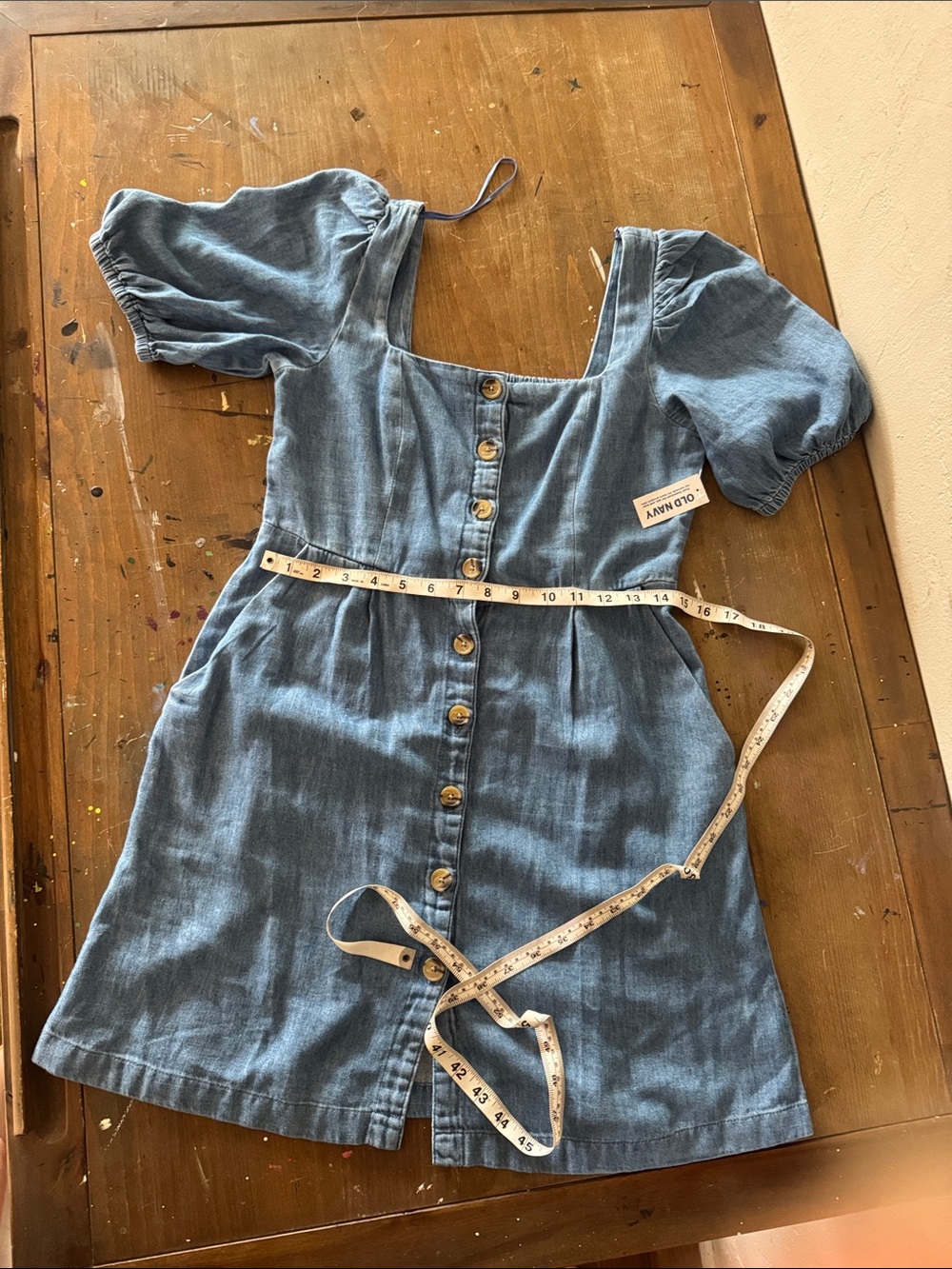 Denim Blue Button-Front Kids Dress with Puff Sleeves